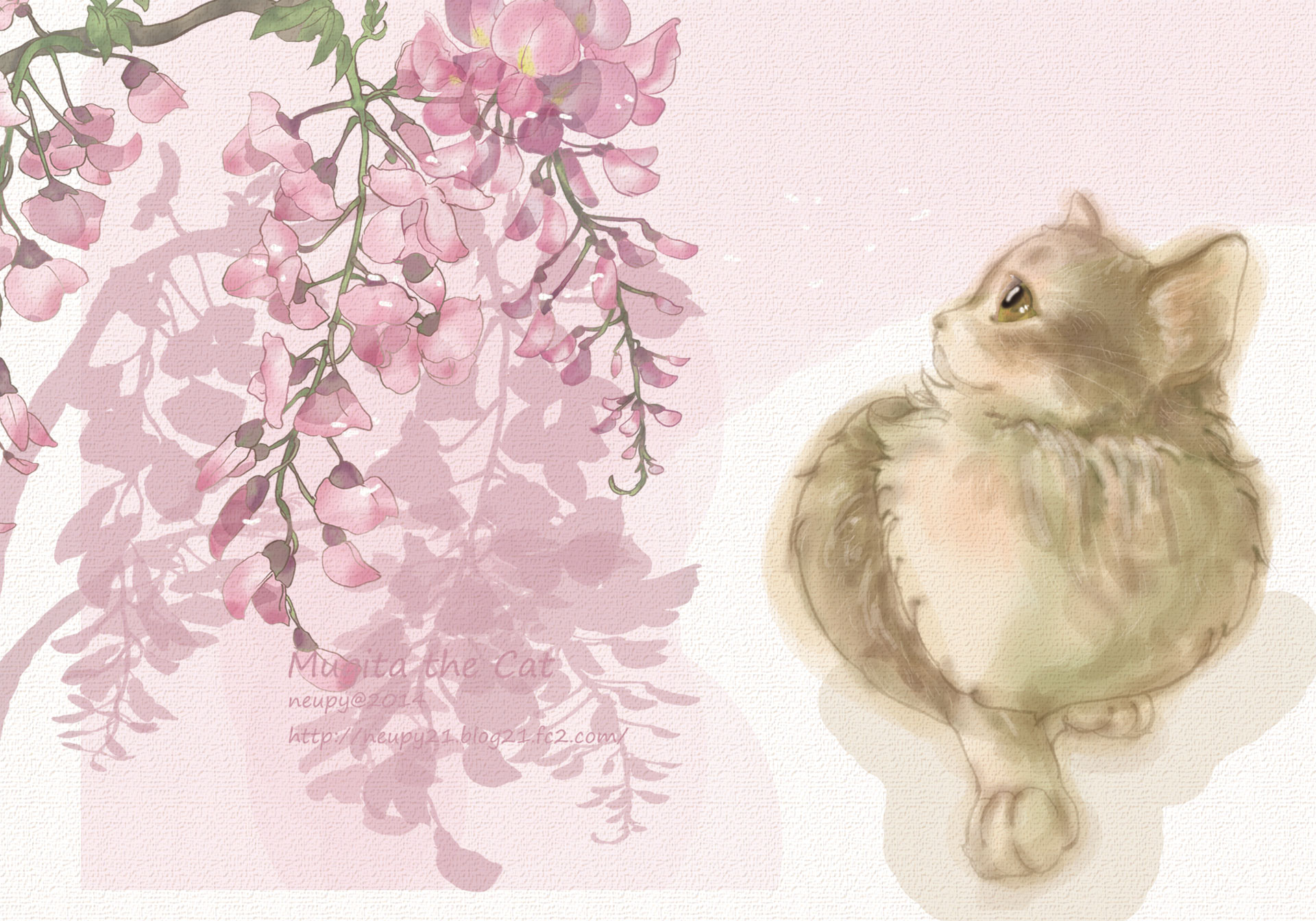 淡い藤の花と 可愛い猫のｐｃデスクトップ壁紙 イラスト 写真 画像 Naver まとめ