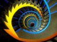 青い手摺の螺旋階段