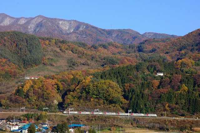 紅葉と冠雪の山々と185系