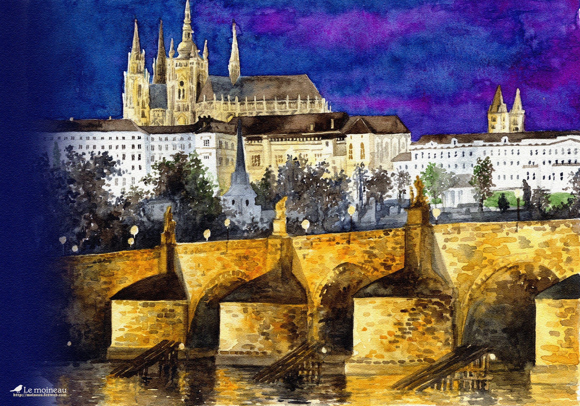 イラスト 絵画 夜のプラハ城 壁紙19x1344 壁紙館