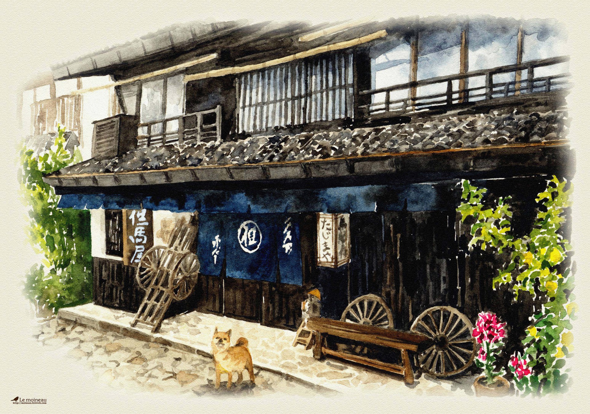 イラスト 絵画 馬籠宿 但馬屋 壁紙19x1348 壁紙館