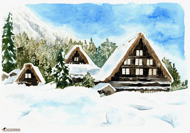 白川郷--雪晴れの朝