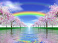 岸辺の並木と虹