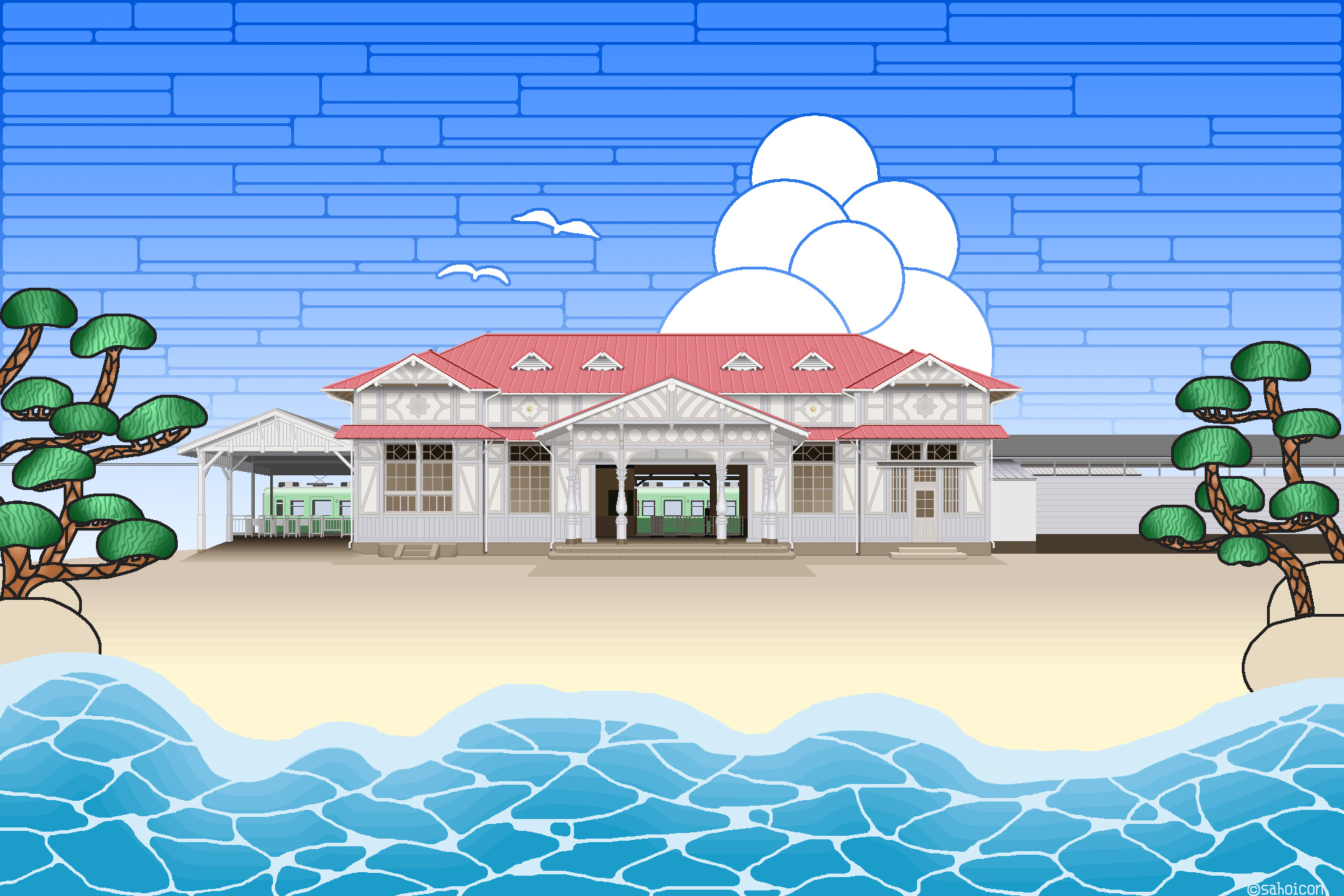 イラスト 絵画 浜寺公園駅 壁紙19x1280 壁紙館