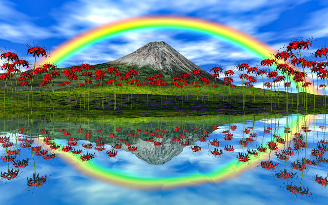 水面に映える彼岸花と虹