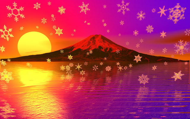 雪の結晶と赤富士