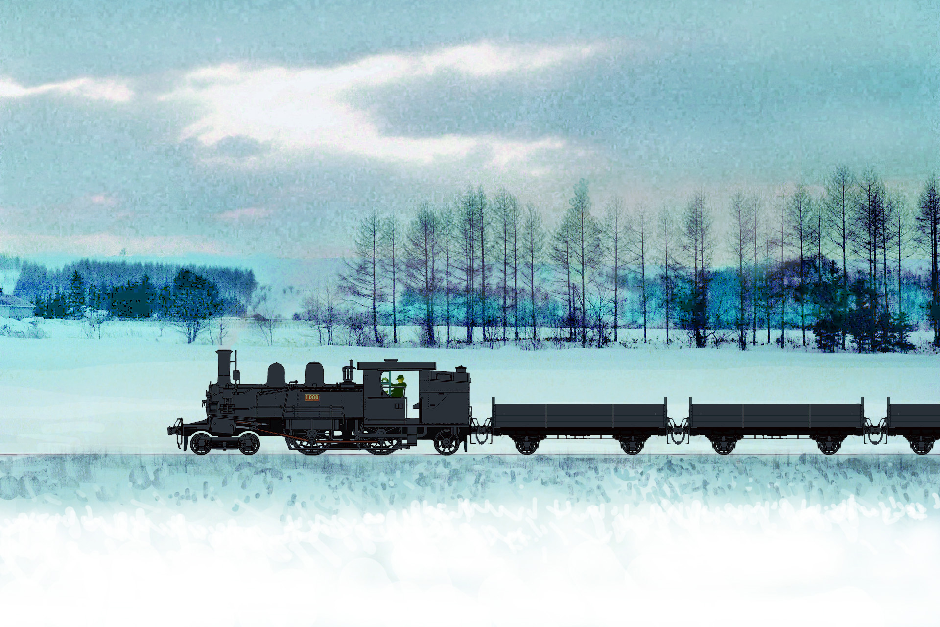 イラスト 絵画 冬空 雪野原 蒸気機関車 壁紙19x1280 壁紙館