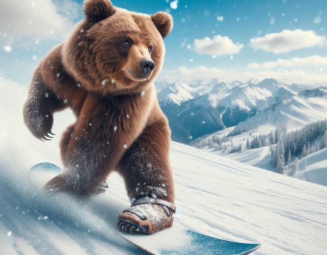 スノーボードをしている熊
