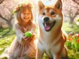 子供と遊んでいる柴犬