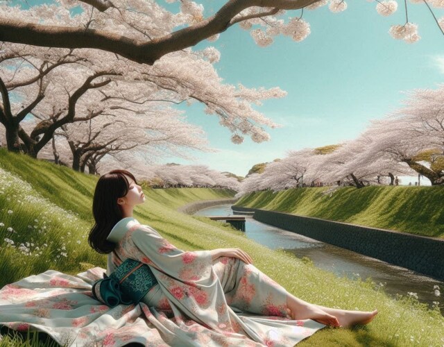 堤防に寝っ転がっている女性