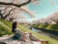 堤防に寝っ転がっている女性