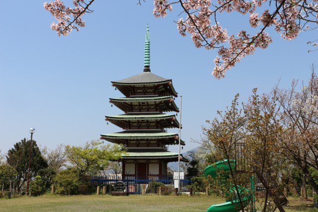 桜越しに見る五重の塔