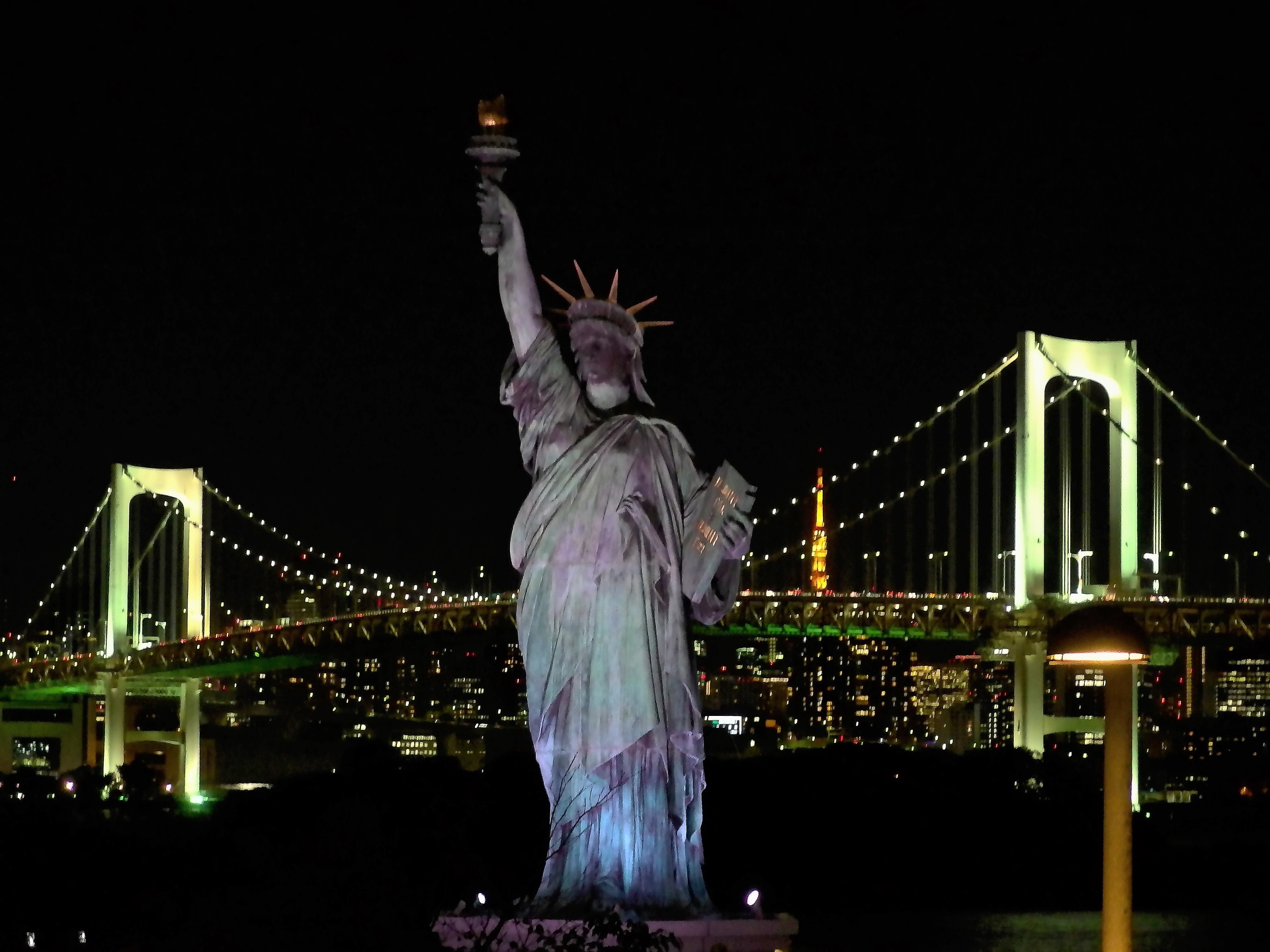 夜景 花火 イルミ 自由の女神像 壁紙19x1440 壁紙館