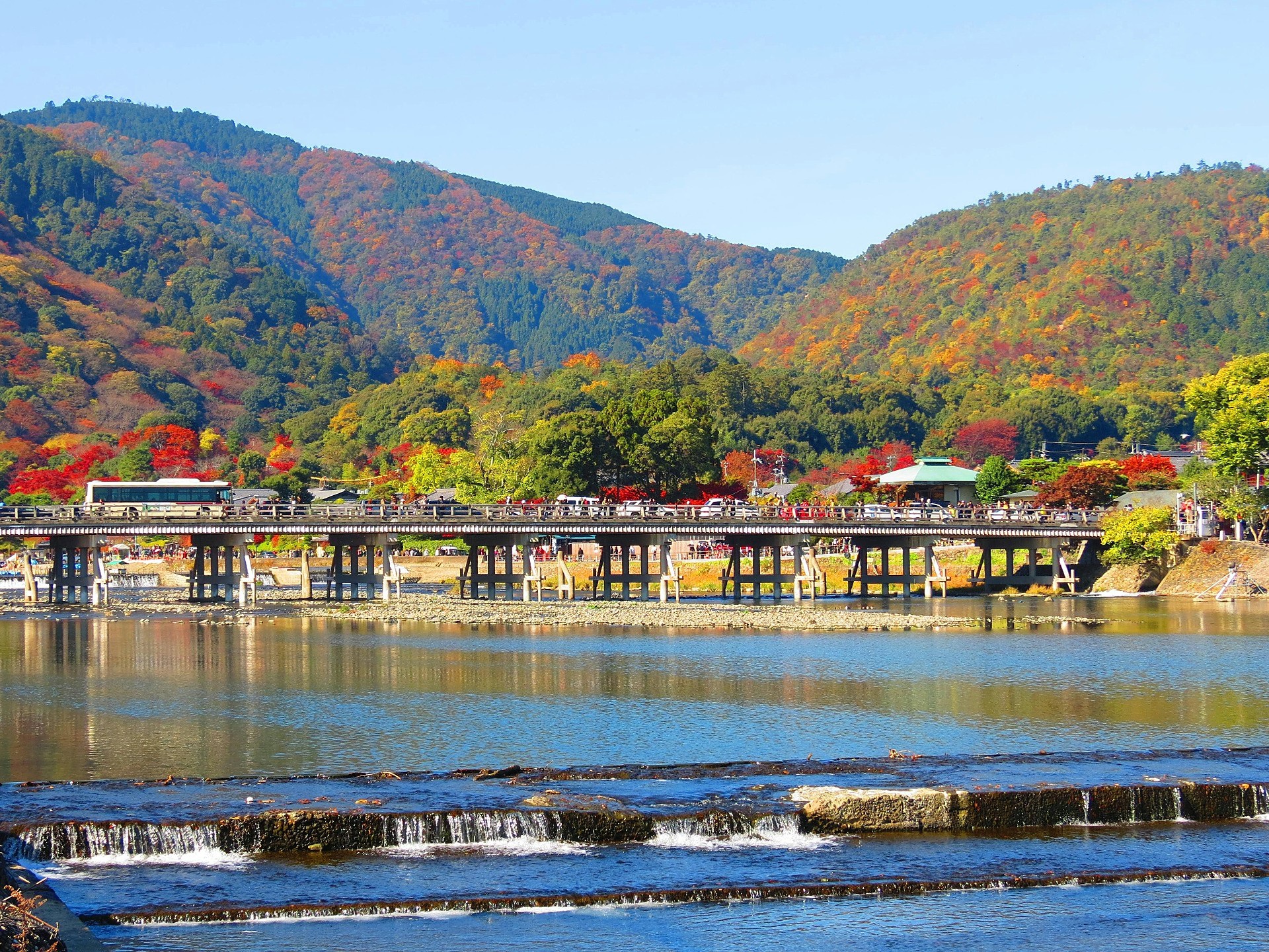 日本の風景 賑わう嵐山渡月橋 壁紙19x1440 壁紙館