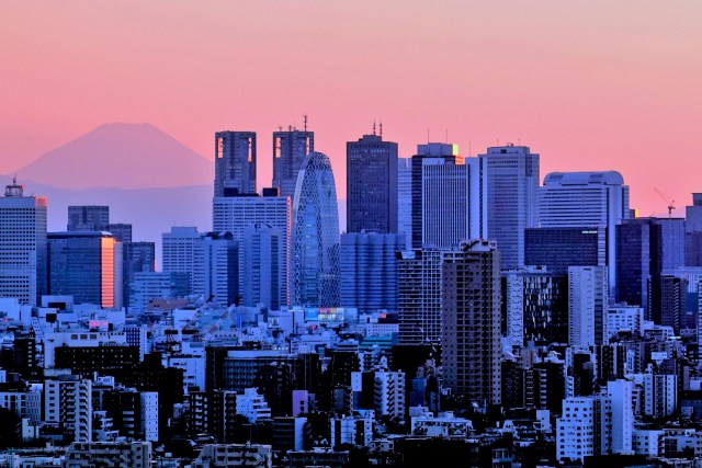 高層ビル群と富士山